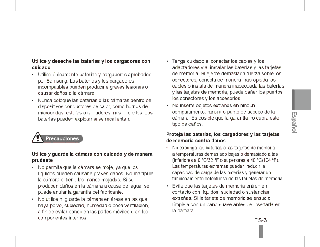 Samsung EC-ES17ZZBAWSA, EC-ES17ZZBABE1 ES-3, Utilice y deseche las baterías y los cargadores con cuidado, Precauciones 