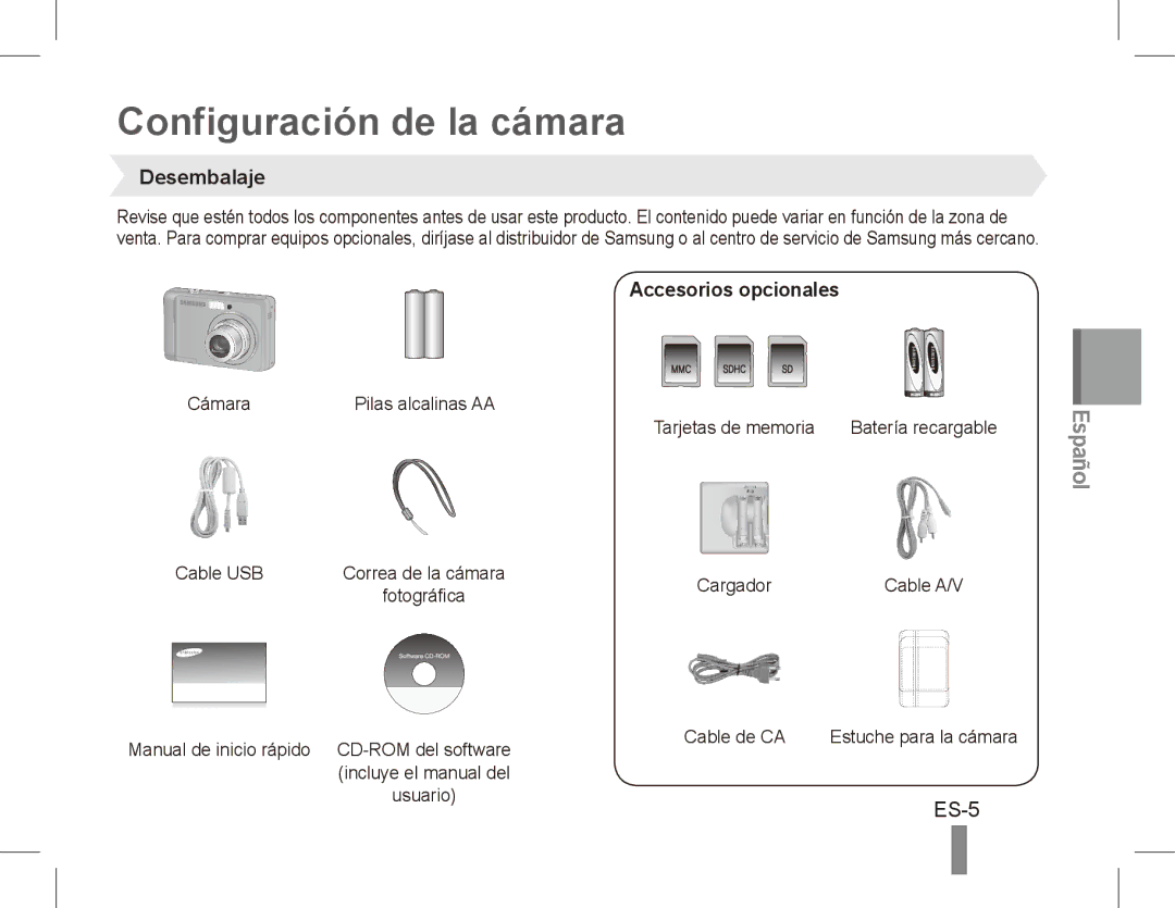 Samsung EC-ES17ZZBAWVN, EC-ES17ZZBABE1, EC-ES17ZZBASIT Configuración de la cámara, ES-5, Desembalaje, Accesorios opcionales 