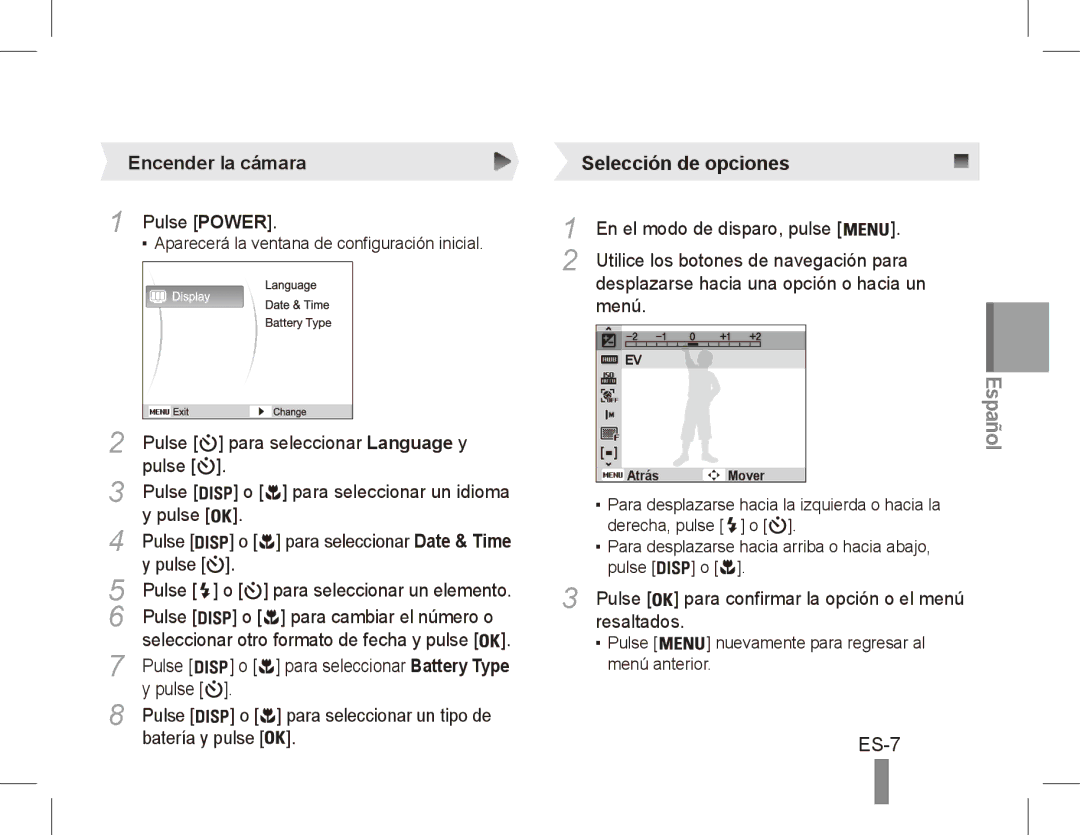 Samsung EC-ES17ZZBASVN, EC-ES17ZZBABE1, EC-ES17ZZBASIT, EC-ES17ZZBABIT, EC-ES17ZZDAPAS manual ES-7, Encender la cámara 