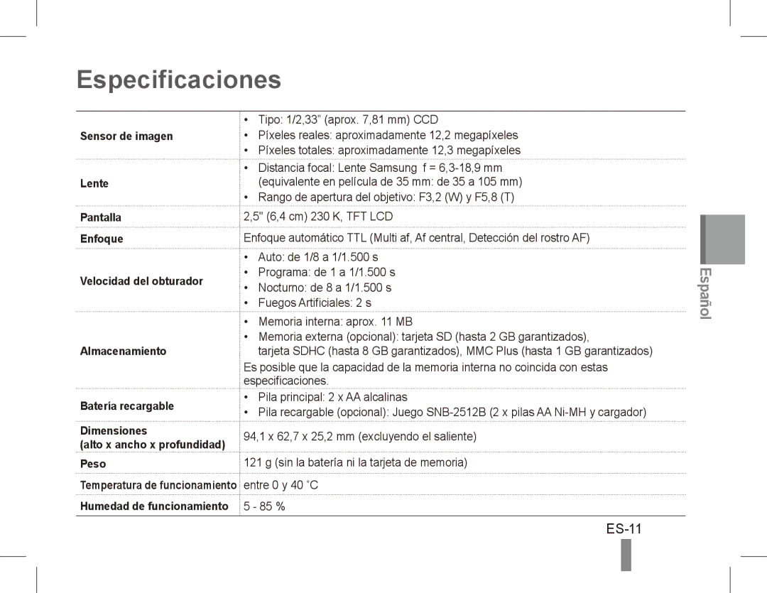 Samsung EC-ES17ZZBABE3, EC-ES17ZZBABE1, EC-ES17ZZBASIT, EC-ES17ZZBABIT, EC-ES17ZZDAPAS, EC-ES17ZZBASSA Especificaciones, ES-11 