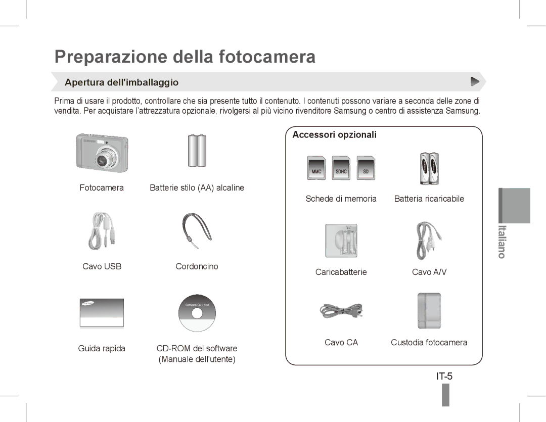 Samsung EC-ES17ZZBABRU, EC-ES17ZZBABE1 Preparazione della fotocamera, IT-5, Apertura dellimballaggio, Accessori opzionali 