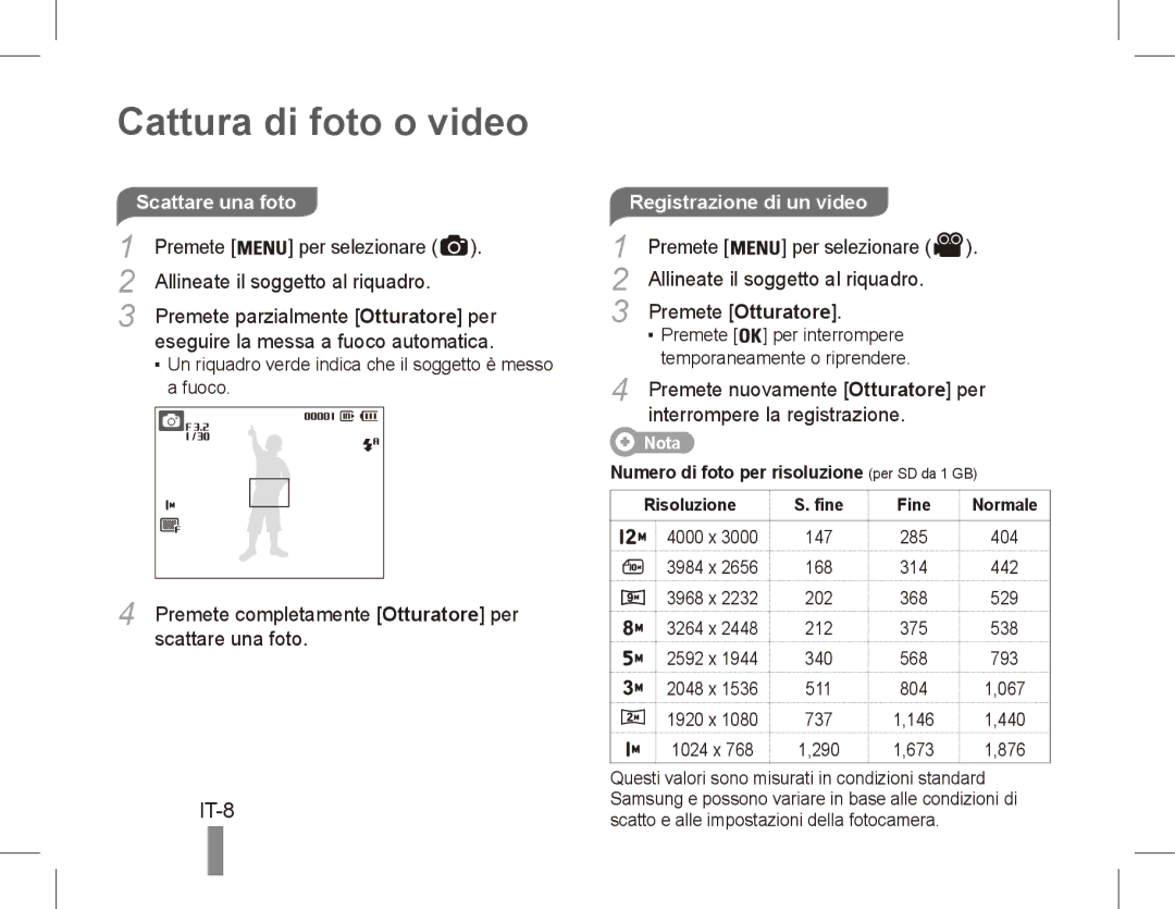 Samsung EC-ES19ZZBAPE2 Cattura di foto o video, Scattare una foto, Premete Otturatore, Interrompere la registrazione 