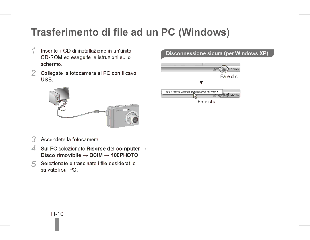 Samsung EC-ES17ZZBABE1, EC-ES17ZZBASIT Trasferimento di file ad un PC Windows, IT-10, Disco rimovibile → Dcim → 100PHOTO 