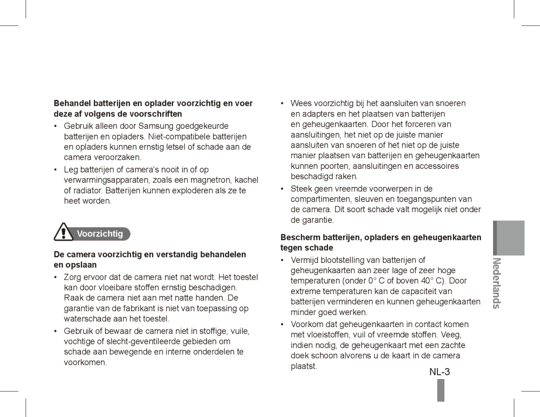 Samsung EC-ES17ZZDAPAS, EC-ES17ZZBABE1 manual Voorzichtig, De camera voorzichtig en verstandig behandelen en opslaan 