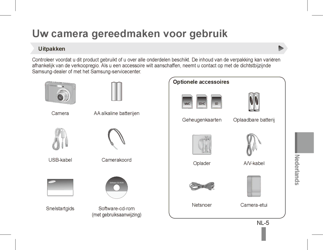 Samsung EC-ES17ZZDABME, EC-ES17ZZBABE1 manual Uw camera gereedmaken voor gebruik, NL-5, Uitpakken, Optionele accessoires 