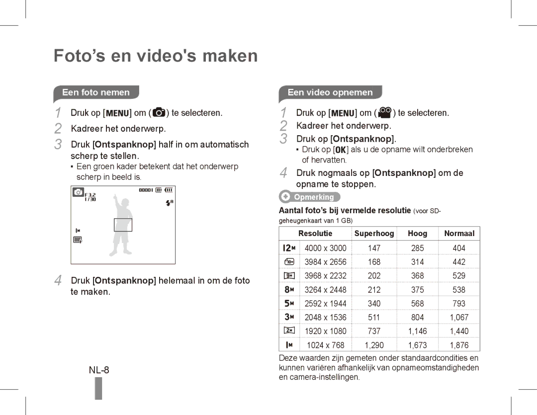 Samsung EC-ES17ZZBAWSA, EC-ES17ZZBABE1, EC-ES17ZZBASIT, EC-ES17ZZBABIT manual Foto’s en videos maken, Een video opnemen 