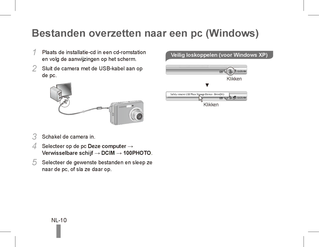 Samsung EC-ES17ZZBAWVN, EC-ES17ZZBABE1 Bestanden overzetten naar een pc Windows, NL-10, Veilig loskoppelen voor Windows XP 