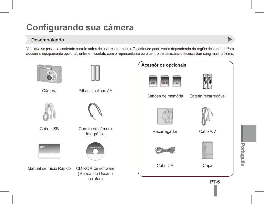 Samsung EC-ES17ZZBASE3, EC-ES17ZZBABE1, EC-ES17ZZBASIT manual Configurando sua câmera, Desembalando, Acessórios opcionais 