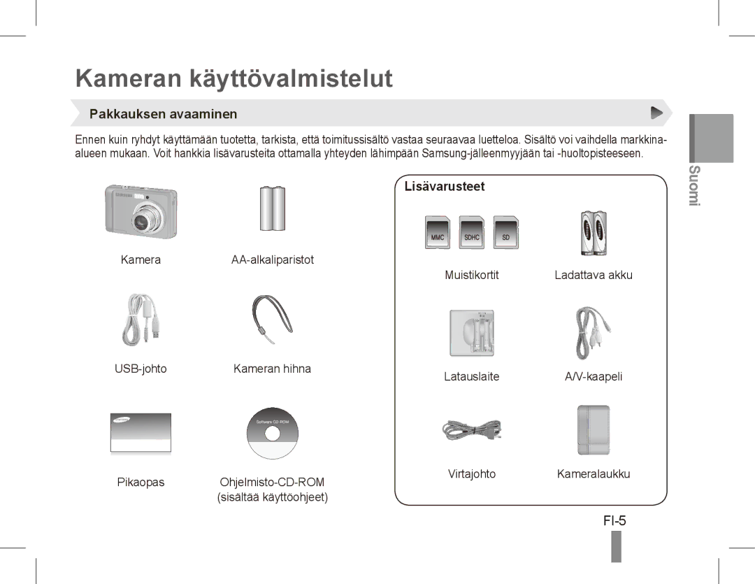 Samsung EC-ES17ZZBASE3, EC-ES17ZZBABE1, EC-ES17ZZBASIT Kameran käyttövalmistelut, FI-5, Pakkauksen avaaminen, Lisävarusteet 