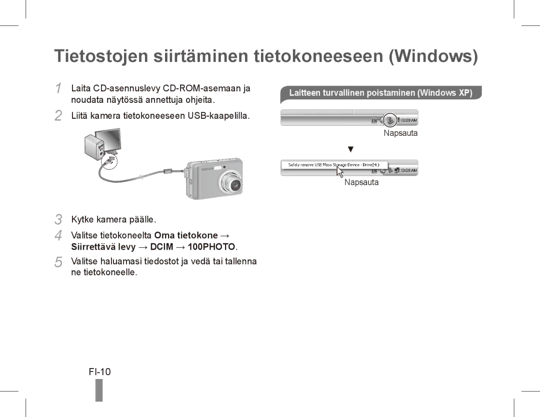 Samsung EC-ES17ZZBABRU Tietostojen siirtäminen tietokoneeseen Windows, FI-10, Laitteen turvallinen poistaminen Windows XP 