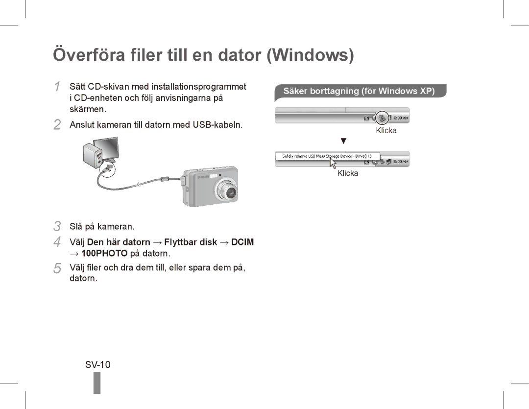 Samsung EC-ES17ZZDABME, EC-ES17ZZBABE1 manual Överföra filer till en dator Windows, SV-10, Säker borttagning för Windows XP 