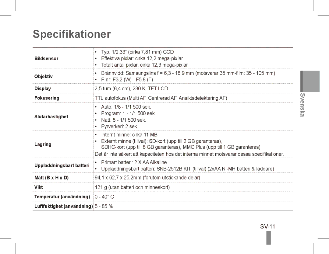 Samsung EC-ES17ZZBABSA, EC-ES17ZZBABE1, EC-ES17ZZBASIT, EC-ES17ZZBABIT, EC-ES17ZZDAPAS, EC-ES17ZZBASSA Specifikationer, SV-11 