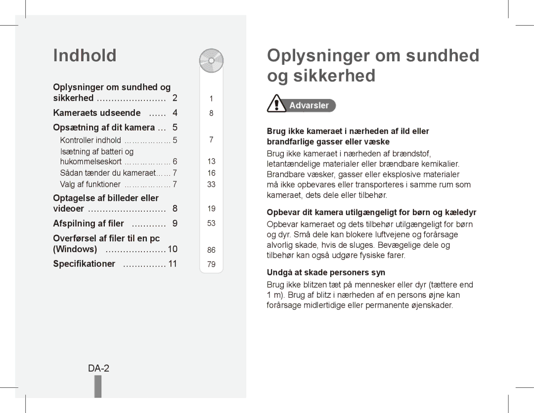 Samsung EC-ES17ZZDASME, EC-ES17ZZBABE1, EC-ES17ZZBASIT manual Indhold, Oplysninger om sundhed og sikkerhed, DA-2, Advarsler 