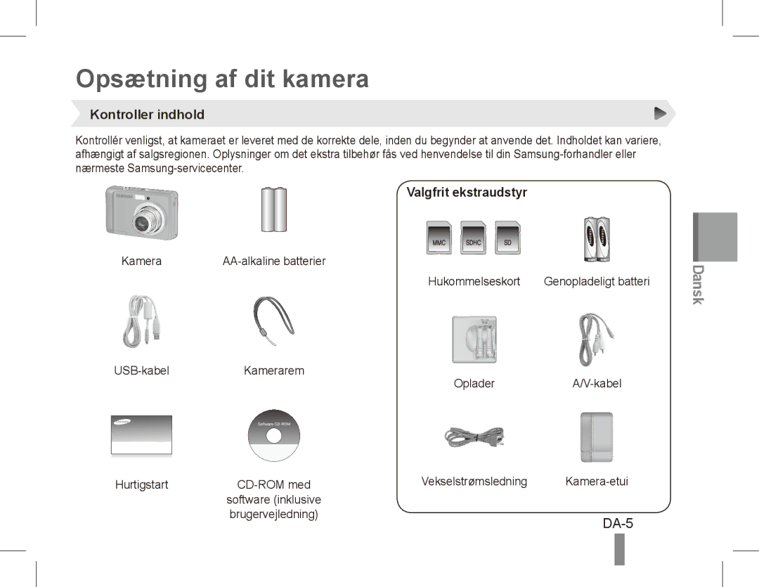 Samsung EC-ES17ZZBAWVN, EC-ES17ZZBABE1 manual Opsætning af dit kamera, Kontroller indhold, Valgfrit ekstraudstyr, DA-5 