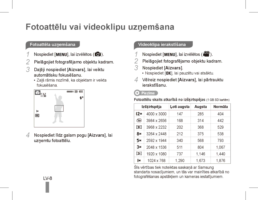 Samsung EC-ES17ZZBAWSA, EC-ES17ZZBABE1, EC-ES17ZZBASIT Fotoattēlu vai videoklipu uzņemšana, LV-8, Videoklipa ierakstīšana 