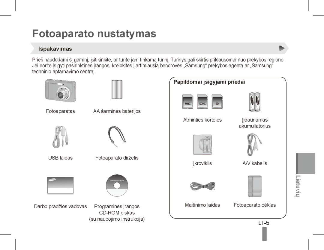 Samsung EC-ES17ZZBASE3, EC-ES17ZZBABE1 manual Fotoaparato nustatymas, LT-5, Išpakavimas, Papildomai įsigyjami priedai 