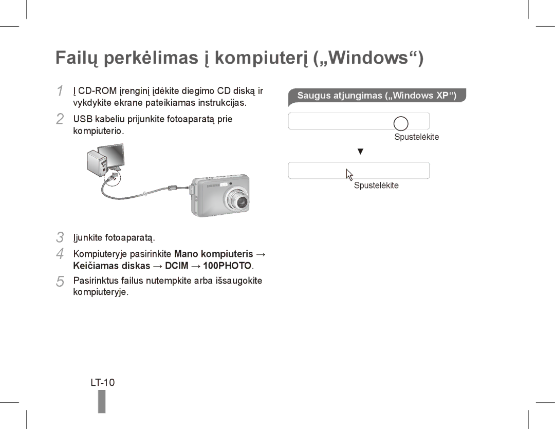 Samsung EC-ES17ZZBABRU, EC-ES17ZZBABE1 manual Failų perkėlimas į kompiuterį „Windows, LT-10, Saugus atjungimas „Windows XP 