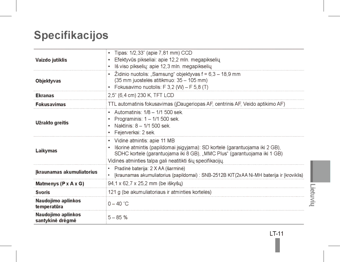 Samsung EC-ES17ZZBAWRU, EC-ES17ZZBABE1, EC-ES17ZZBASIT, EC-ES17ZZBABIT manual Specifikacijos, LT-11, Matmenys P x a x G Svoris 