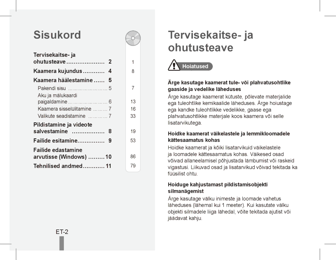 Samsung EC-ES19ZZBABE2, EC-ES17ZZBABE1 Sisukord, Tervisekaitse- ja ohutusteave, ET-2, Tehnilised andmed…………, Hoiatused 