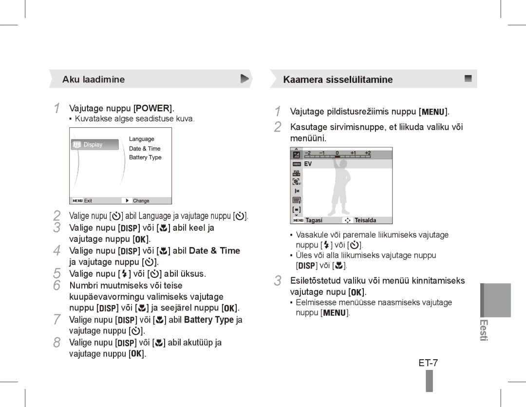 Samsung EC-ES17ZZBABIT, EC-ES17ZZBABE1, EC-ES17ZZBASIT manual ET-7, Aku laadimine, Vajutage nuppu Power, Abil Date & Time 