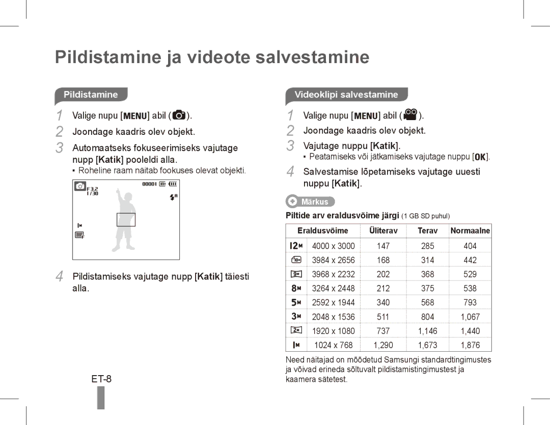 Samsung EC-ES17ZZDAPAS, EC-ES17ZZBABE1, EC-ES17ZZBASIT Pildistamine ja videote salvestamine, ET-8, Videoklipi salvestamine 