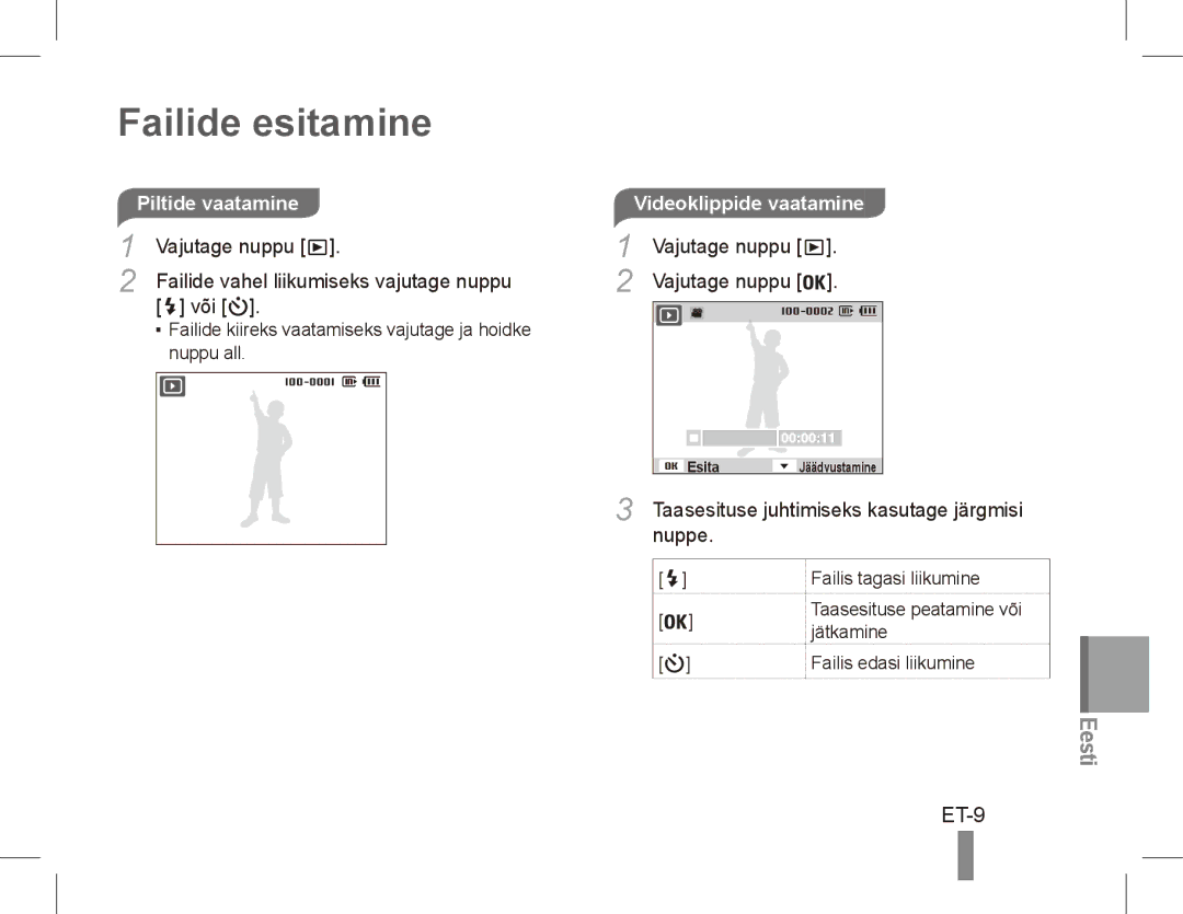 Samsung EC-ES17ZZBASSA, EC-ES17ZZBABE1, EC-ES17ZZBASIT, EC-ES17ZZBABIT manual Failide esitamine, ET-9, Videoklippide vaatamine 