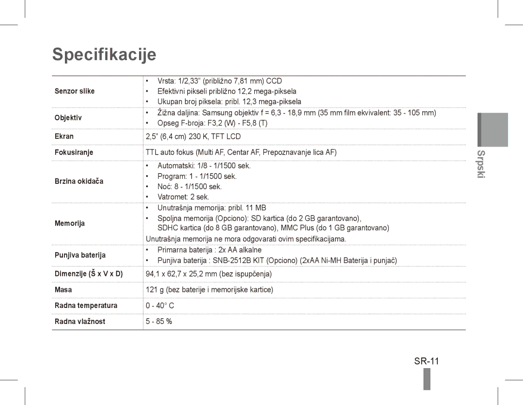 Samsung EC-ES17ZZBAWRU, EC-ES17ZZBABE1, EC-ES17ZZBASIT, EC-ES17ZZBABIT, EC-ES17ZZDAPAS, EC-ES17ZZBASSA Specifikacije, SR-11 