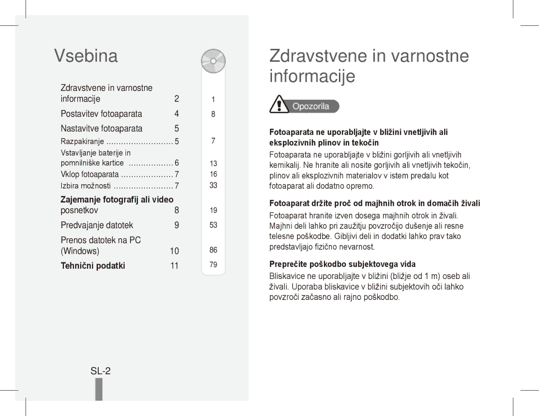 Samsung EC-ES19ZZBABE2 manual Vsebina, Zdravstvene in varnostne informacije, SL-2, Prenos datotek na PC, Opozorila 