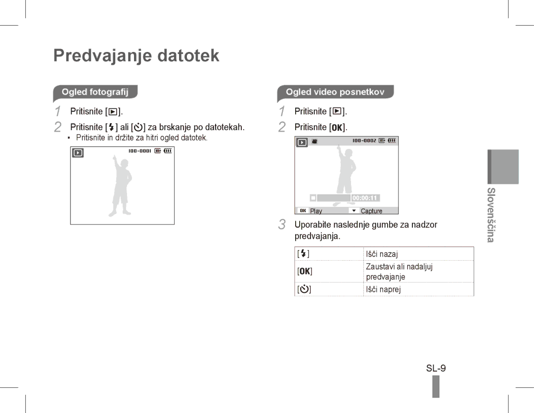 Samsung EC-ES17ZZBASSA, EC-ES17ZZBABE1 manual Predvajanje datotek, SL-9, Ogled fotografijOgled video posnetkov, Predvajanja 