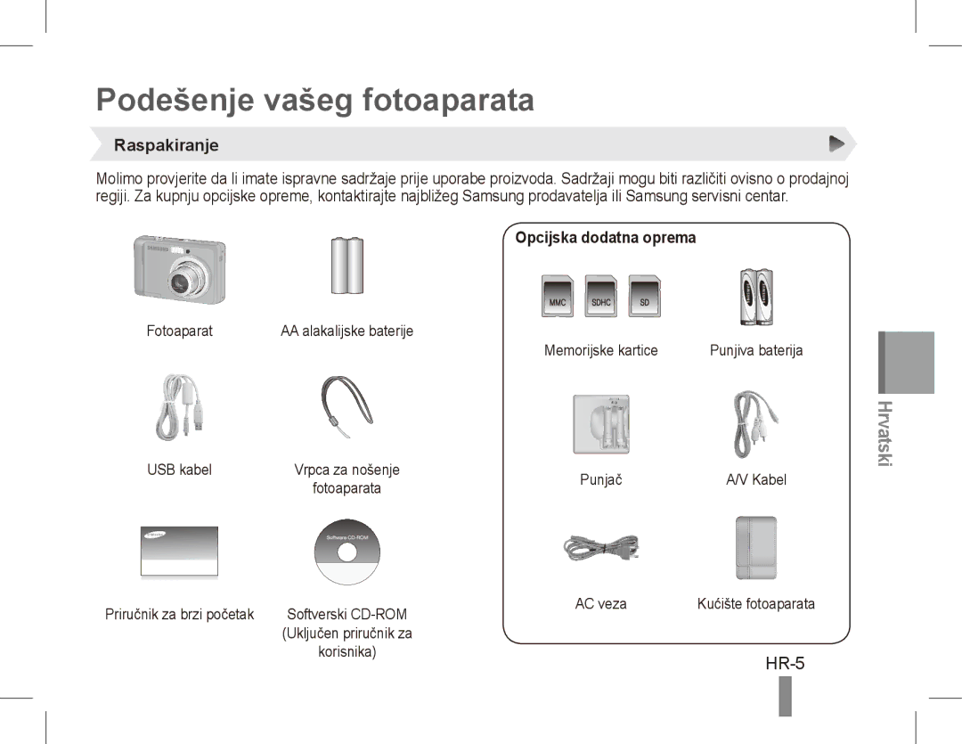 Samsung EC-ES17ZZBAWVN, EC-ES17ZZBABE1 manual Podešenje vašeg fotoaparata, HR-5, Raspakiranje, Opcijska dodatna oprema 