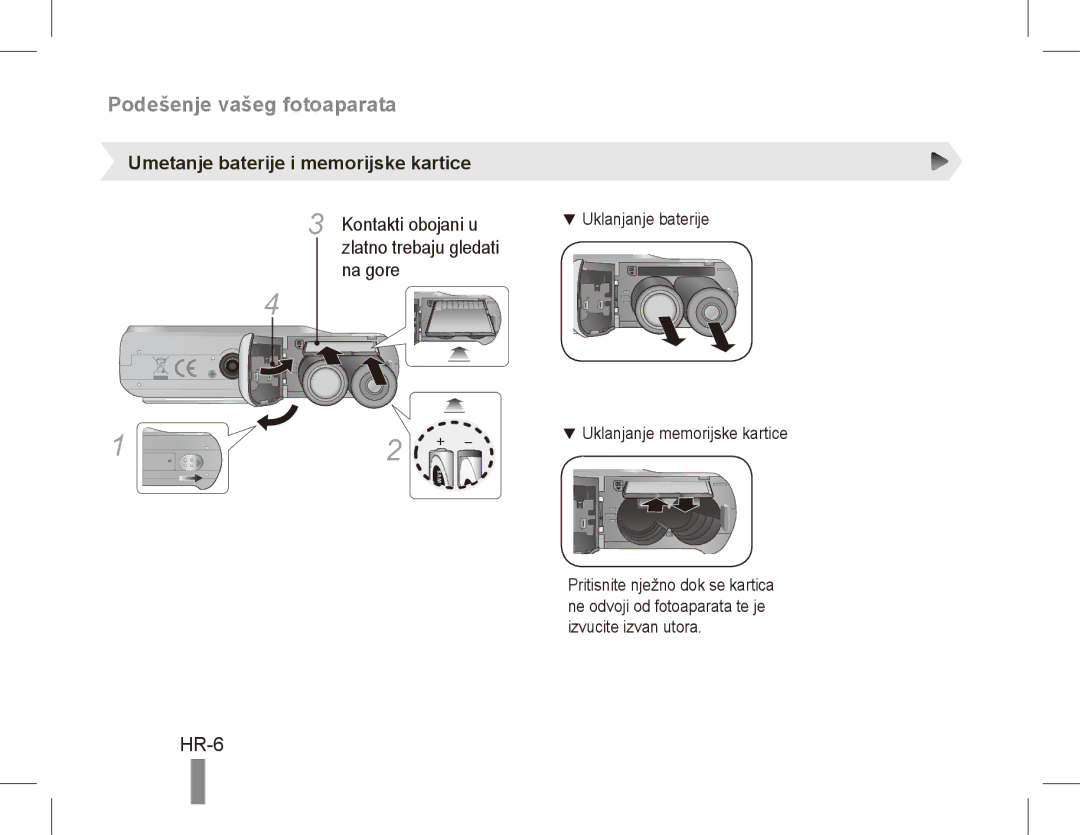 Samsung EC-ES17ZZBABVN manual Podešenje vašeg fotoaparata, HR-6, Umetanje baterije i memorijske kartice, Kontakti obojani u 