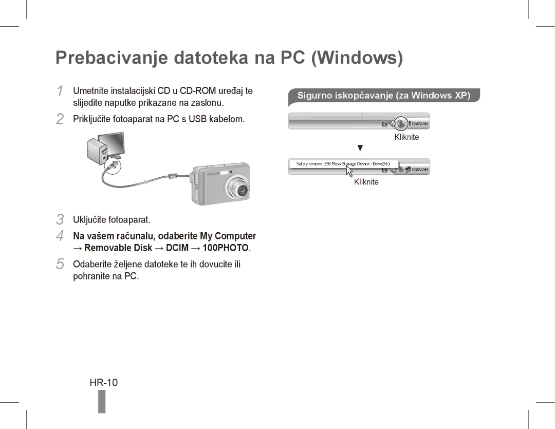 Samsung EC-ES17ZZBASE3, EC-ES17ZZBABE1 manual Prebacivanje datoteka na PC Windows, HR-10, Sigurno iskopčavanje za Windows XP 