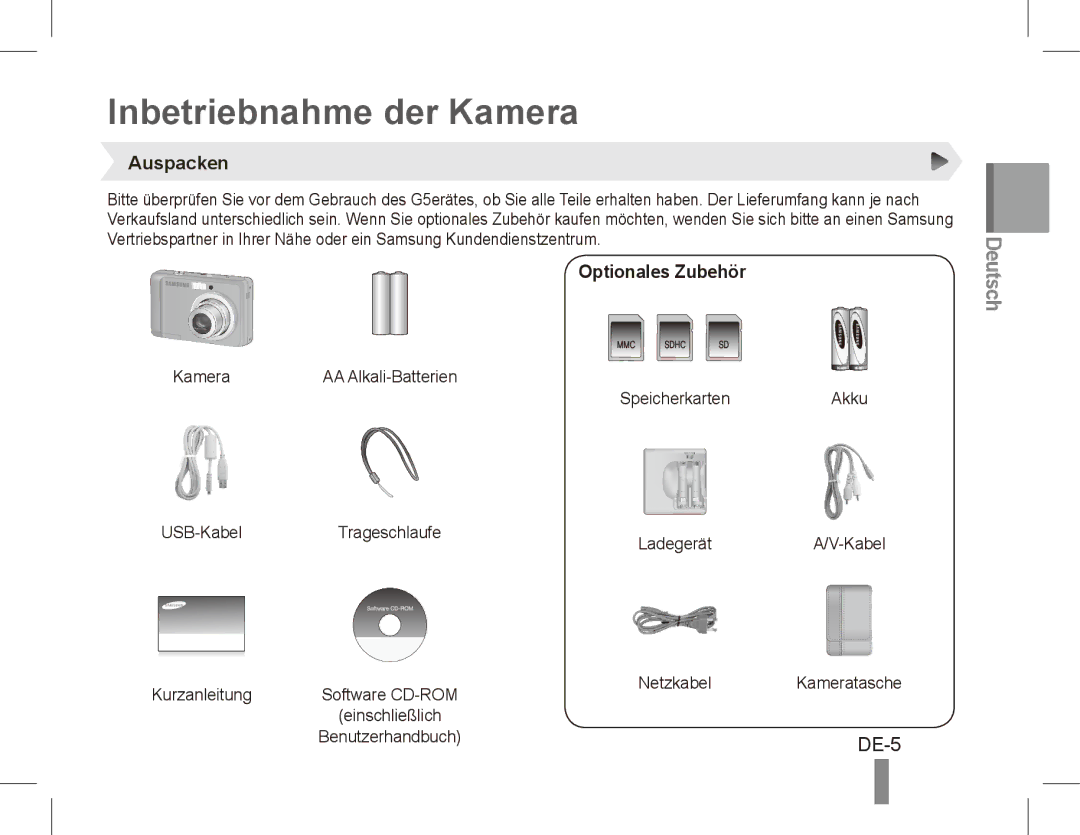 Samsung EC-ES17ZZBASE3, EC-ES17ZZBABE1, EC-ES17ZZBASIT manual Inbetriebnahme der Kamera, DE-5, Auspacken, Optionales Zubehör 