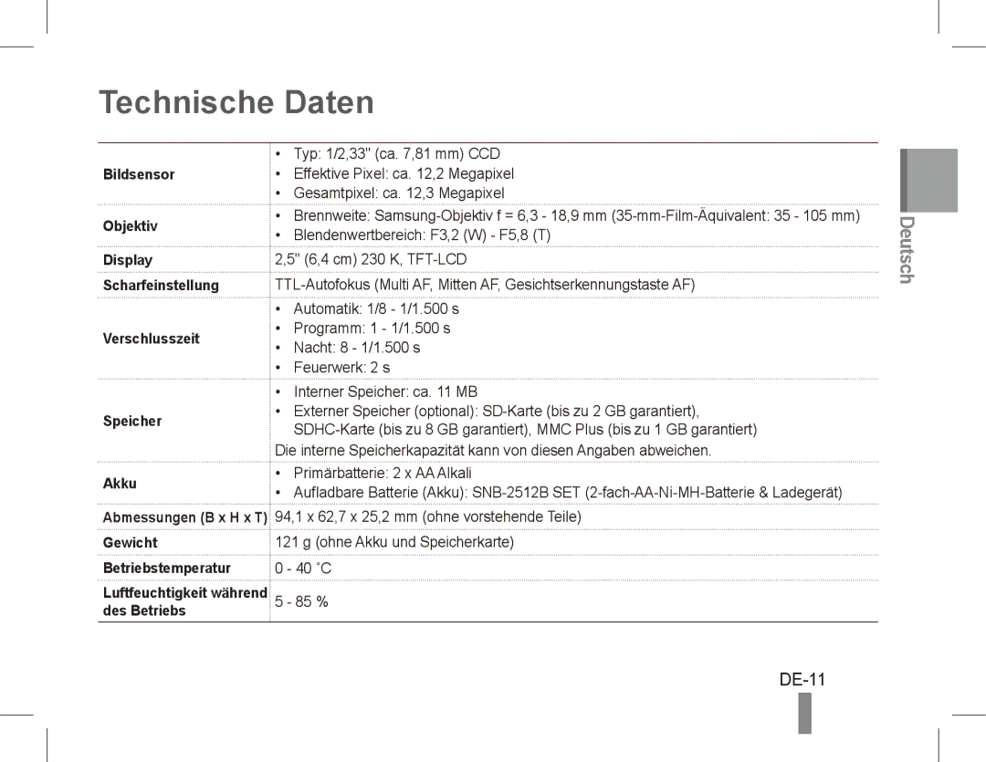 Samsung EC-ES17ZZBAWRU, EC-ES17ZZBABE1, EC-ES17ZZBASIT Technische Daten, DE-11, Gewicht, Betriebstemperatur, Des Betriebs 