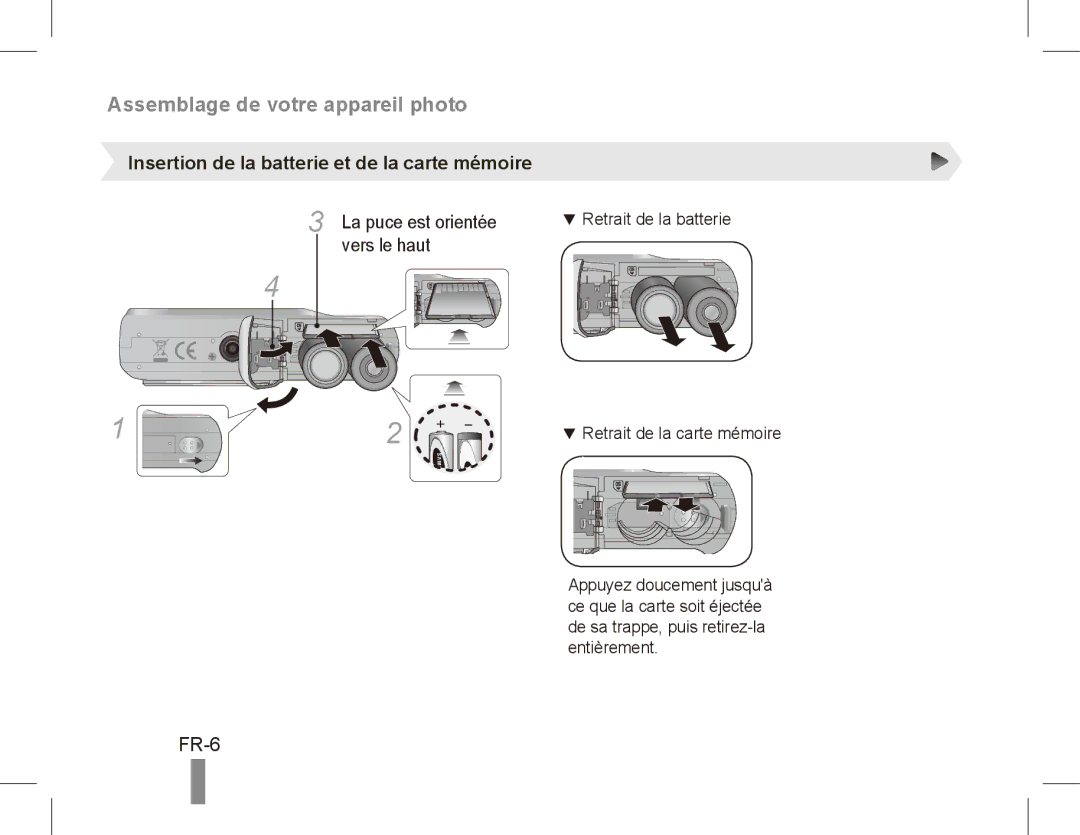 Samsung EC-ES17ZZBASIT manual Assemblage de votre appareil photo, FR-6, Insertion de la batterie et de la carte mémoire 