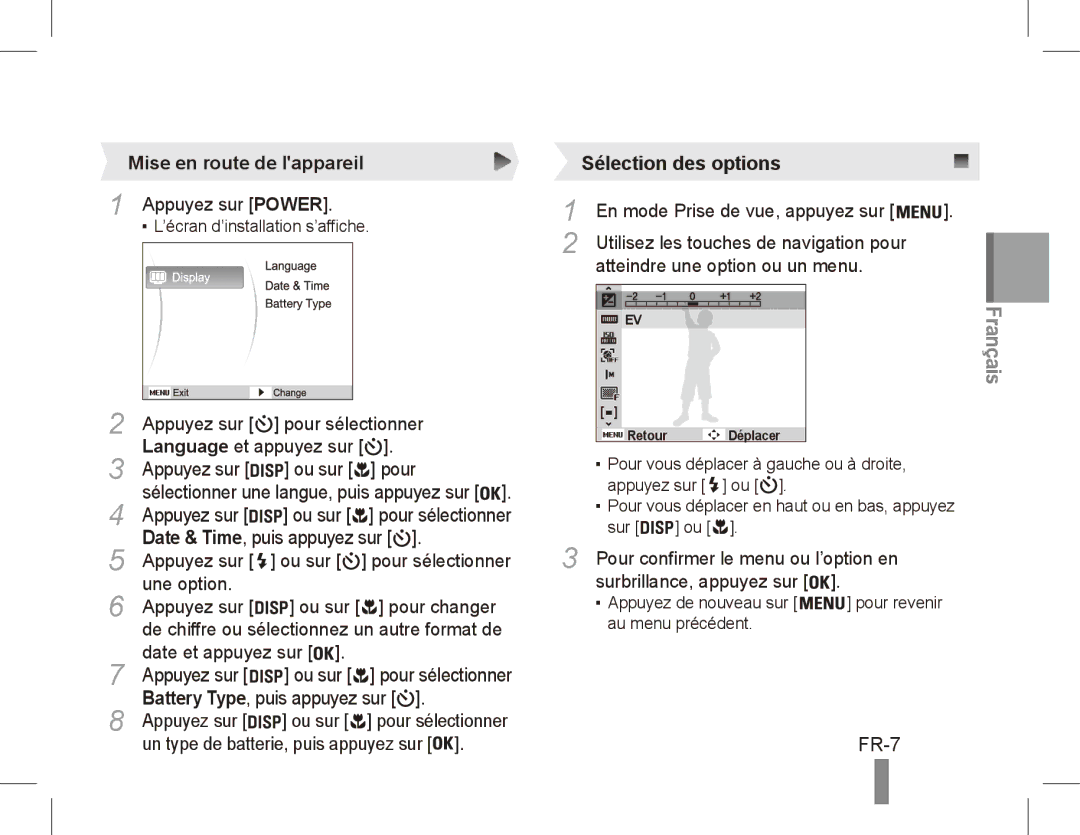 Samsung EC-ES17ZZBABIT, EC-ES17ZZBABE1, EC-ES17ZZBASIT, EC-ES17ZZDAPAS, EC-ES17ZZBASSA manual FR-7, Mise en route de lappareil 