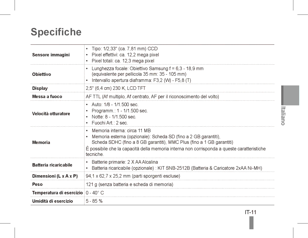 Samsung EC-ES17ZZBABE3, EC-ES17ZZBABE1, EC-ES17ZZBASIT, EC-ES17ZZBABIT, EC-ES17ZZDAPAS, EC-ES17ZZBASSA manual Specifiche, IT-11 