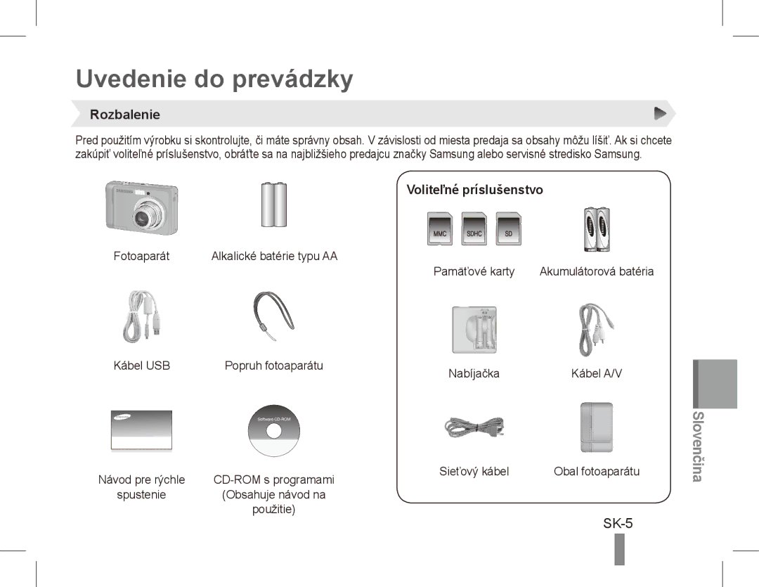 Samsung EC-ES17ZZBASE3, EC-ES17ZZBABE1, EC-ES17ZZBASIT Uvedenie do prevádzky, SK-5, Rozbalenie, Voliteľné príslušenstvo 