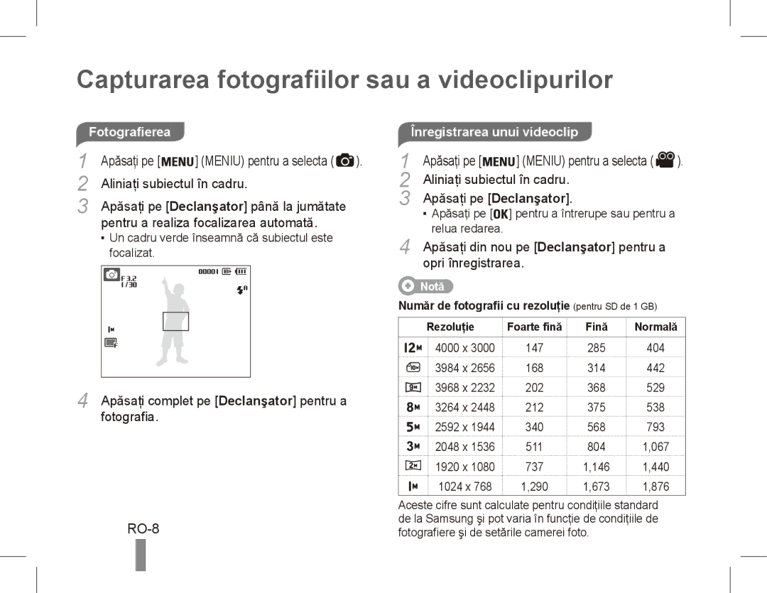 Samsung EC-ES17ZZBAPVN, EC-ES17ZZBABE1, EC-ES17ZZBASIT, EC-ES17ZZBABIT Capturarea fotografiilor sau a videoclipurilor, RO-8 