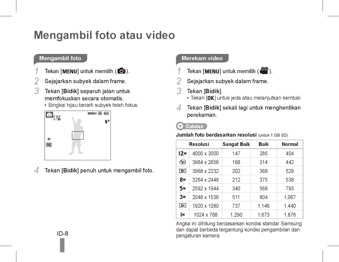 Samsung EC-ES19ZZBAPE2, EC-ES17ZZBABE1, EC-ES17ZZBASIT, EC-ES17ZZBABIT manual Mengambil foto atau video, ID-8, Merekam video 