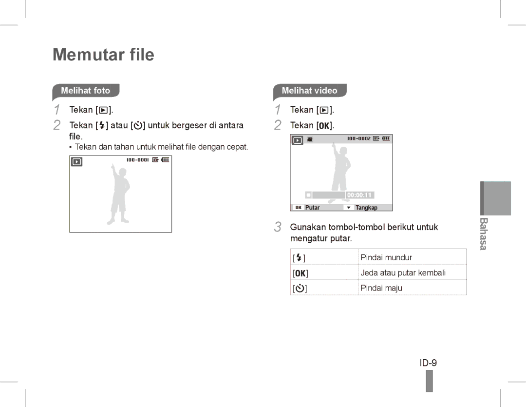 Samsung EC-ES17ZZBAPE2 manual Memutar file, ID-9, Melihat foto, Tekan Atau untuk bergeser di antara File, Melihat video 