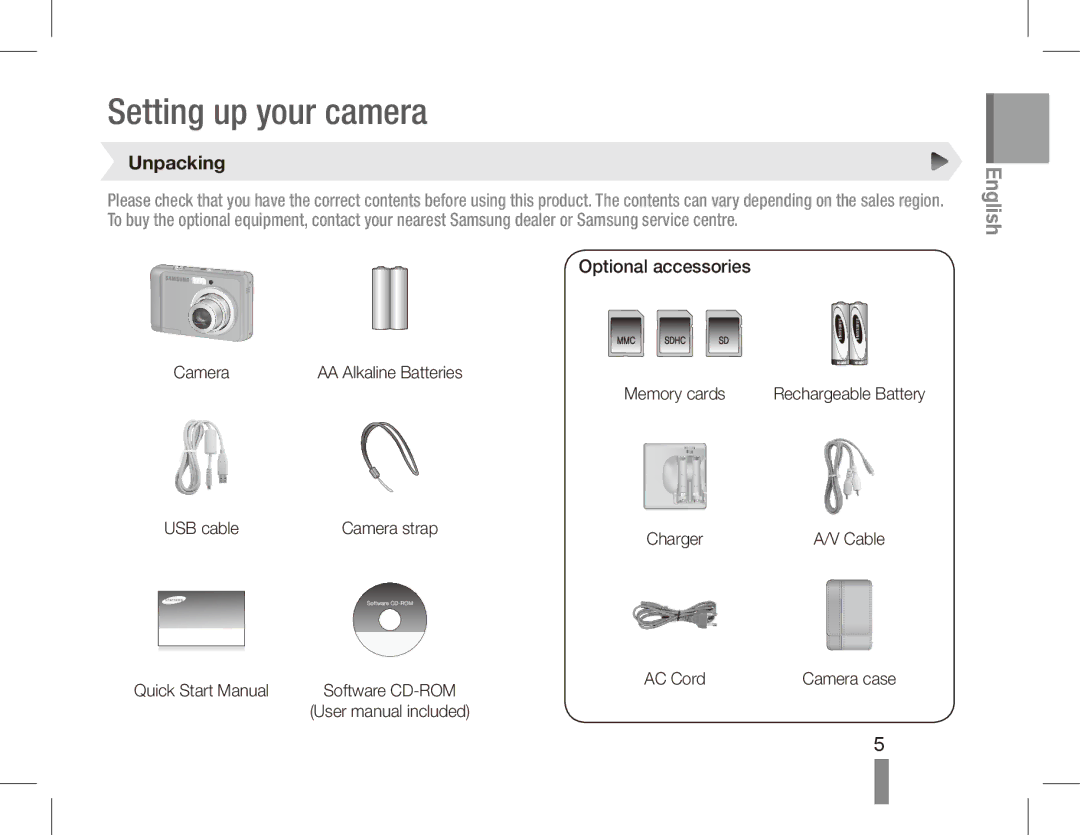 Samsung EC-ES17ZZDABME, EC-ES17ZZBABE1, EC-ES17ZZBASIT, EC-ES17ZZBABIT, EC-ES17ZZDAPAS manual Unpacking, Optional accessories 