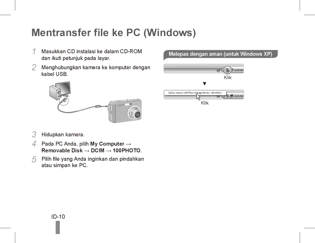 Samsung EC-ES17ZZBABE1, EC-ES17ZZBASIT manual Mentransfer file ke PC Windows, ID-10, Melepas dengan aman untuk Windows XP 