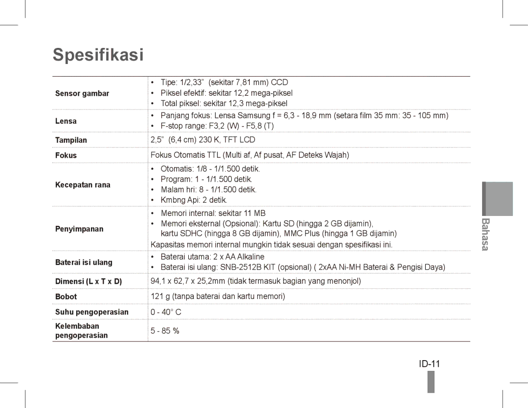 Samsung EC-ES17ZZBASIT, EC-ES17ZZBABE1, EC-ES17ZZBABIT, EC-ES17ZZDAPAS, EC-ES17ZZBASSA, EC-ES17ZZDABME manual Spesifikasi, ID-11 