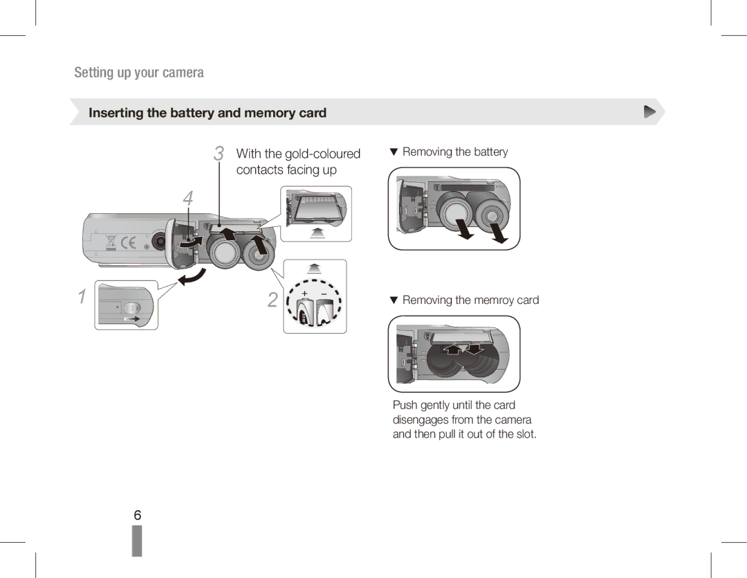 Samsung EC-ES17ZZBABSA, EC-ES17ZZBABE1 Inserting the battery and memory card, With the gold-coloured, Contacts facing up 