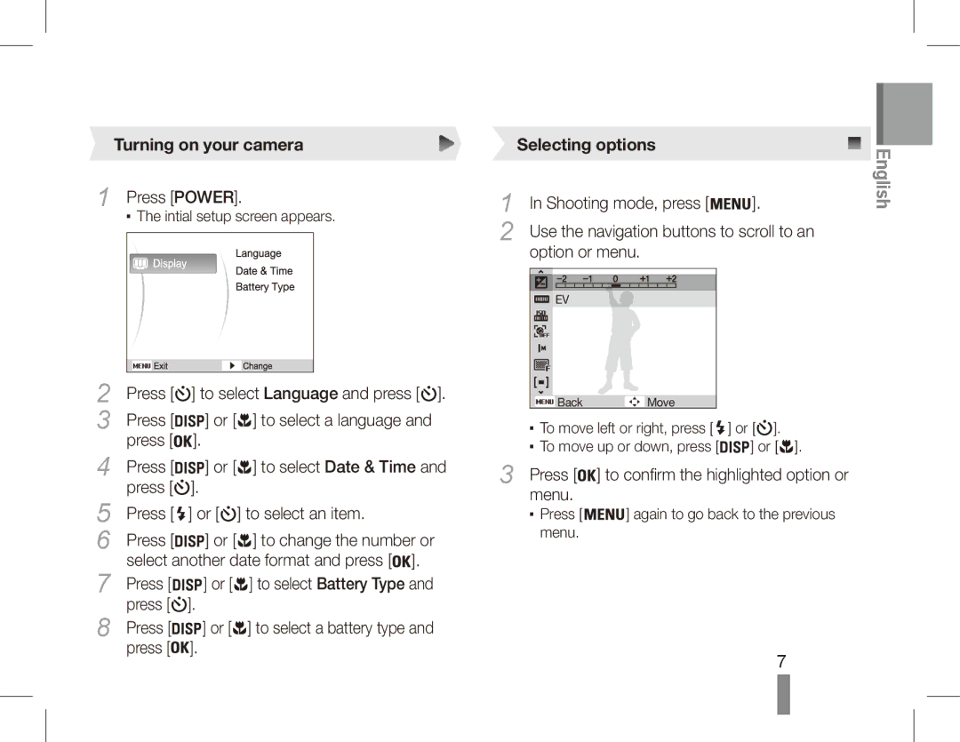 Samsung EC-ES17ZZDASME, EC-ES17ZZBABE1, EC-ES17ZZBASIT, EC-ES17ZZBABIT manual Turning on your camera, Selecting options 