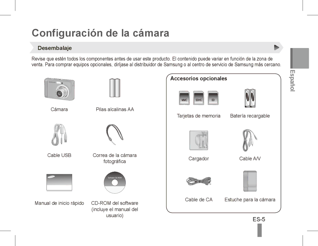 Samsung EC-ES17ZZBASE3, EC-ES17ZZBABE1, EC-ES17ZZBASIT Configuración de la cámara, ES-5, Desembalaje, Accesorios opcionales 