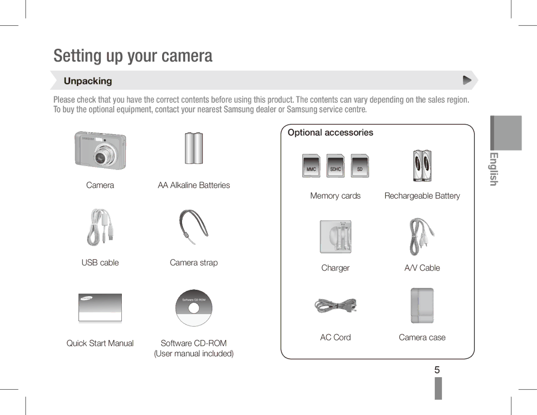 Samsung EC-ES17ZZBABE1, EC-ES17ZZBASIT, EC-ES17ZZBABIT manual Setting up your camera, Unpacking, Optional accessories 