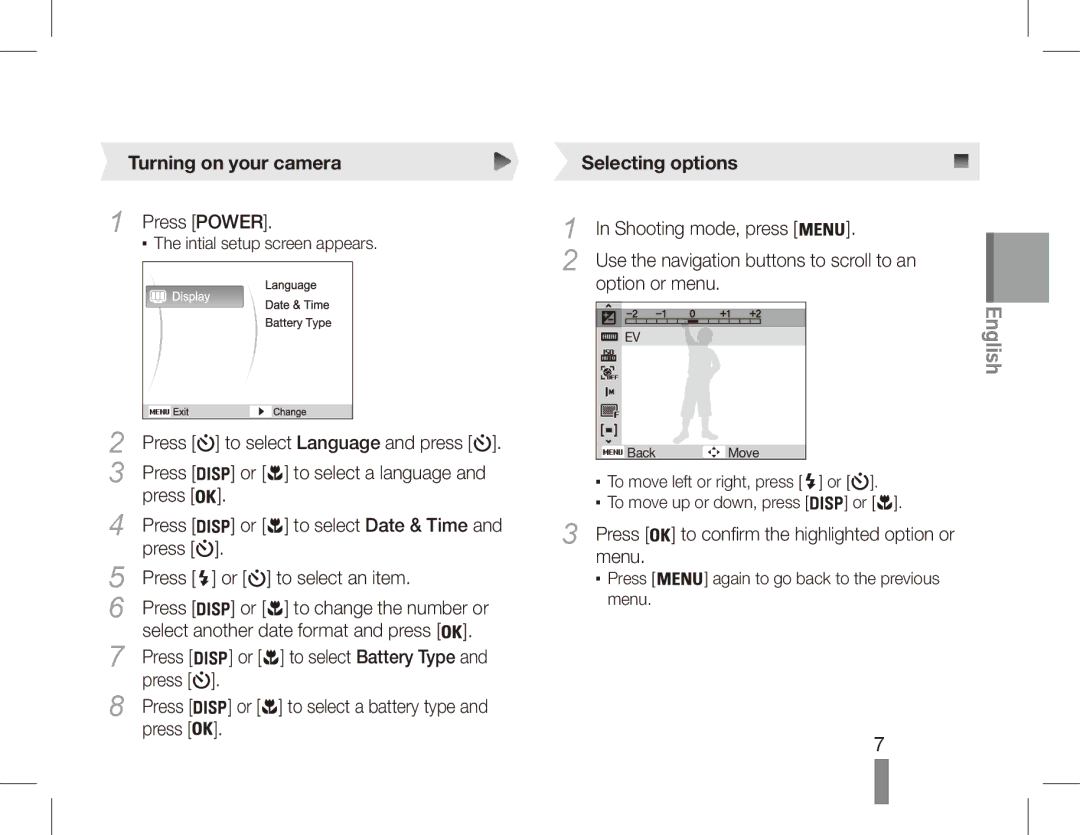 Samsung EC-ES17ZZBABIT, EC-ES17ZZBABE1, EC-ES17ZZBASIT, EC-ES17ZZDAPAS manual Turning on your camera, Selecting options 