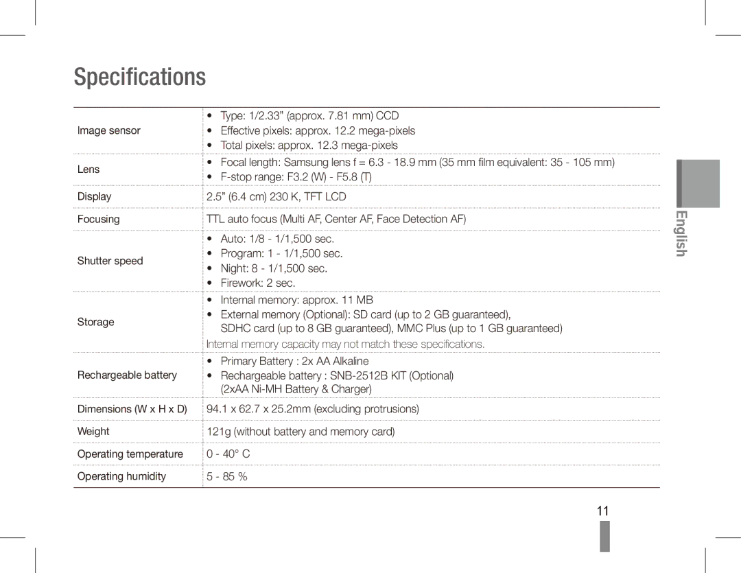 Samsung EC-ES17ZZBABSA, EC-ES17ZZBABE1, EC-ES17ZZBASIT, EC-ES17ZZBABIT, EC-ES17ZZDAPAS, EC-ES17ZZBASSA manual Specifications 